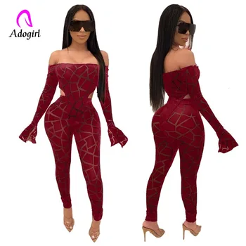 

Winter Women Set Long Flare Sleeve Mesh Plaid Tracksuit Slash Neck Bodysuits +Pants Suit Two Piece Set Night Club Party Outfits