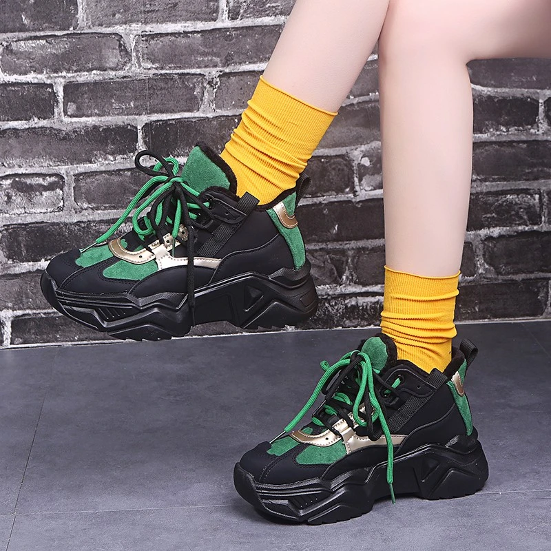 

Winter Fashion Sneakers For Women Platform 5cm High Wedges Casual Shoes Plush Ladies Designers Leather Woman Chunky Shoes 2019