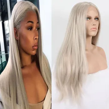 

Bombshell Synthetic 13*3 Lace Front Wig Glueless Platinum Grey Straight Heat Resistant Fiber Hair Middle Parting For Women Wigs