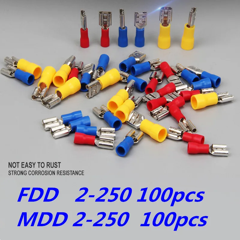 FDD2-250 MDD2-250 мужской изолированный Электрический обжимная Клемма для 1,5-2.5mm2 Разъемы Кабель провод разъема 100 шт./упак. синий