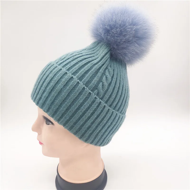 

Girl 100% Real Raccoon Fox Fur Grils Bone Skullies Beanies Women's Thick Warm Golf Knitted Hat