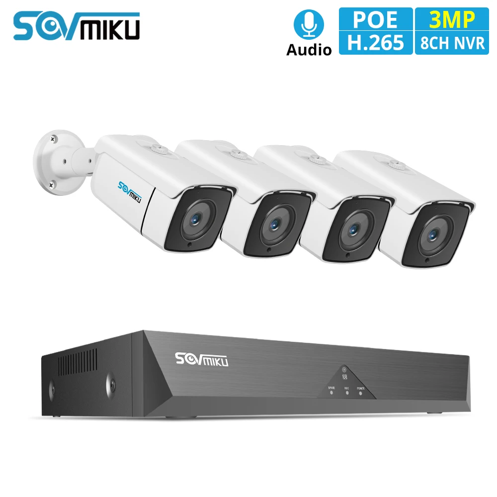 Комплект камер видеонаблюдения H.265 8 каналов 3 Мп POE NVR IP-камера с записью звука