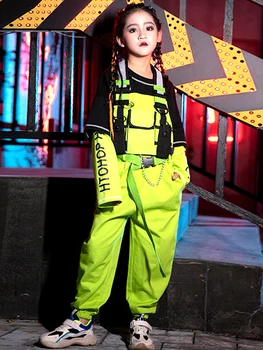 

Spring Girl Clothes Children Pants Hip-hop Suit Hip-hop Catwalk Tide Costume Performance Fluorescent Green Bib Pants
