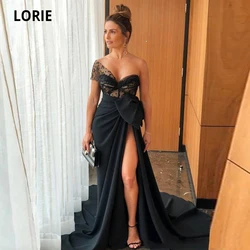 LORIE Elegant Black Evening Dresses Mermaid 2021 Satin Side Split Sweetheart Neck Long One Shoulder Prom Party Gowns with Bow
