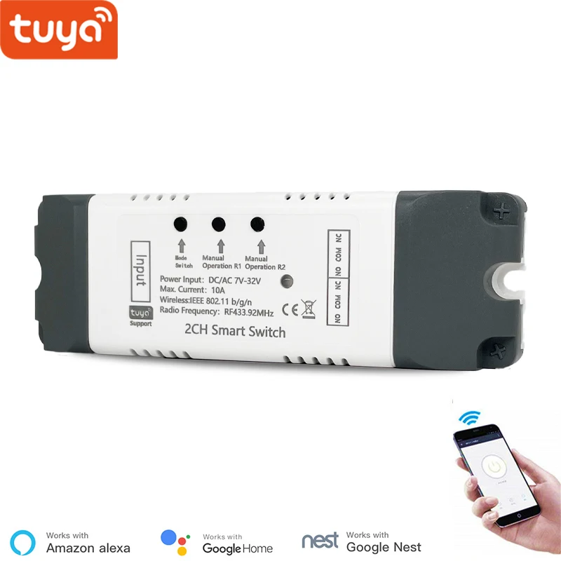 Переключатель Tuya Smart Life 2-канальный Wi-Fi 32 В встроенный блокировочный модуль