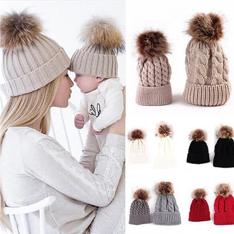 

Mom Kids Baby Girls Boys Unisex Hat Parent-child Woolen Hat Knitted Solid Color Fur Autumn Winter Warm Beanie Caps Hot Sale