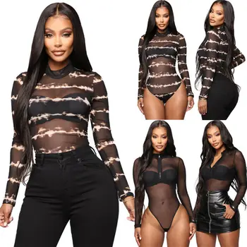 

New Women's Perspective Jumpsuit Long Sleeve Sexy Striped Cocktail Party Top