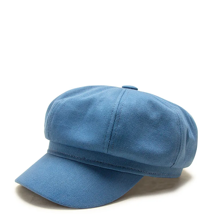 BUTTERMERE Autumn Winter Hats for Women Blue Newsboy Cap Cotton Octagonal Cap Solid Retro Casual Flat Cap - Color: blue