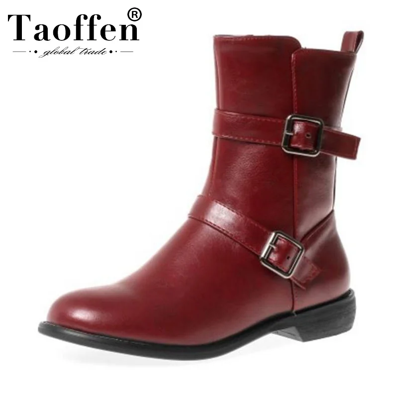 

Taoffen Plus Size 33-46 Woman Pu Leather Ankle Boots Buckle Zipper Winter Flats Boots Casual Sexy Daily Shies Woman Footwear