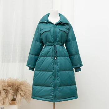 

FTLZZ Winter Stand Collar Long Jacket Women White Duck Down Coat New Loose Windbreak Parkas Snow Warm Outwear Waist Retractable