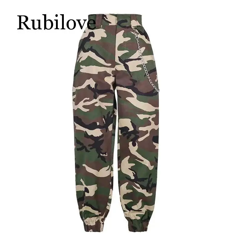 

Rubilove 2019 Fashion Chain Military Camouflage pants women Army black high waist loose Camo Pants Trousers Street Jogger sweatp