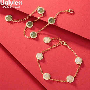 

Uglyless Simple Round Gemstone Dress Jewelry Sets for Women Agate Jade Bracelets Earrings MINI Studs Zircons Crystals 925 Silver