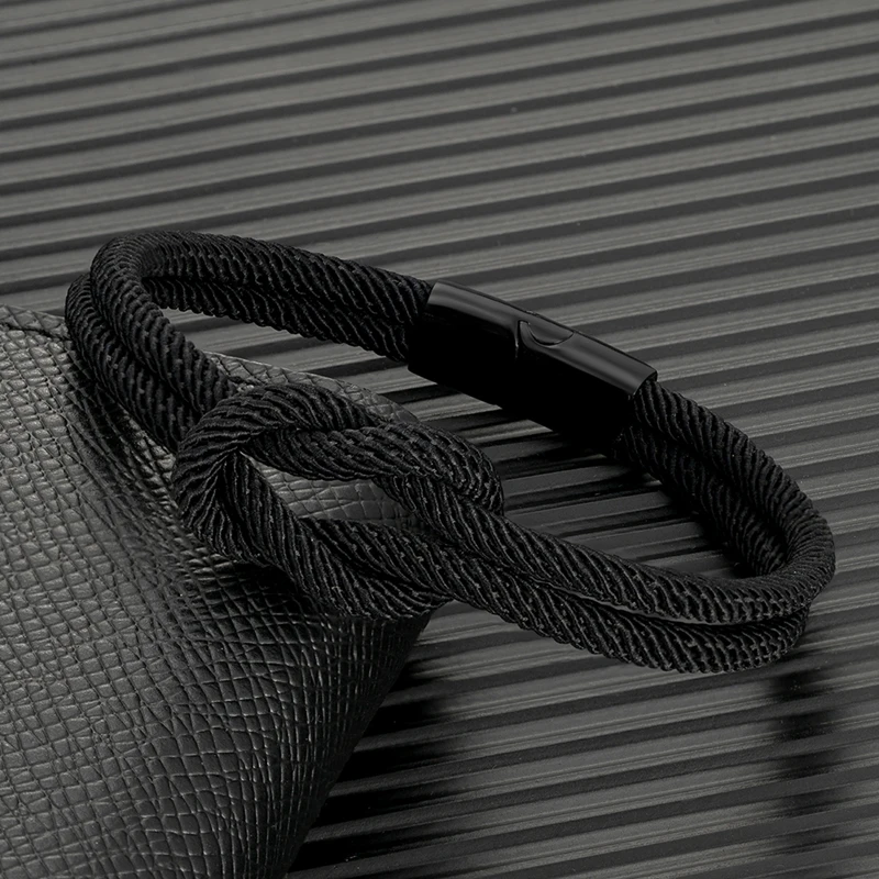 Men Double-layer Knotted Rope Bracelet For Women Black Stainless Steel Silder Magnet Buckle Infinity Couple Jewelry