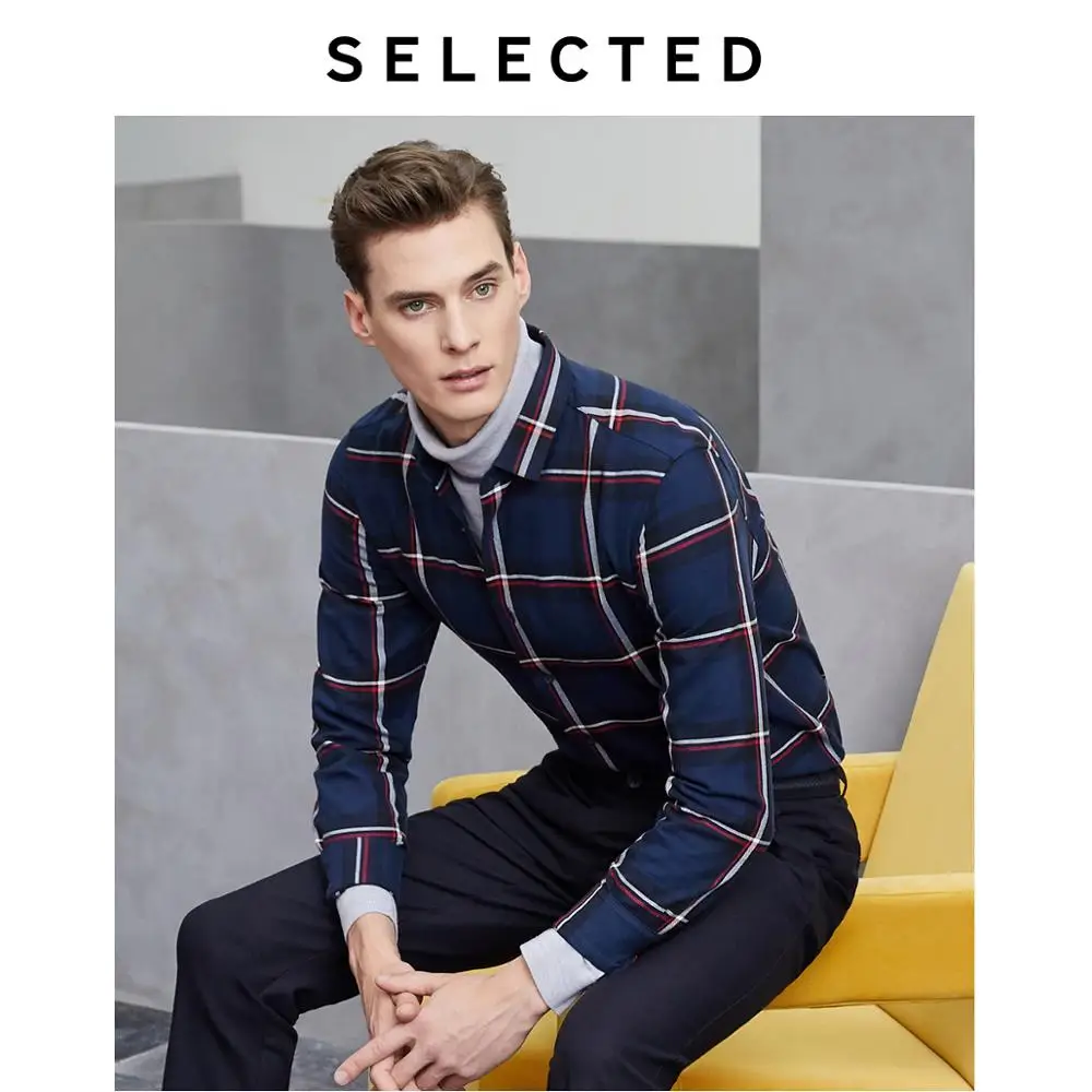SELECTED Men's 100% Cotton Checked Retro Plaid Long-sleeved Shirt S|419405529 | Мужская одежда