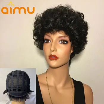 

Pixie Cut Wig Full Machine Made Wig with Bangs Glueless Short Bob Curly Wigs for Black Women Remy Brazilian Hair 180% Density