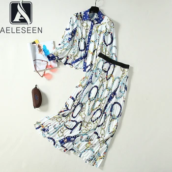

AELESEEN 2020 Spring New Runway Print Office Lady Twinset Elegant Puff Sleeve Blouse Tops + Elastic Waist Pleated Long Skrit Set