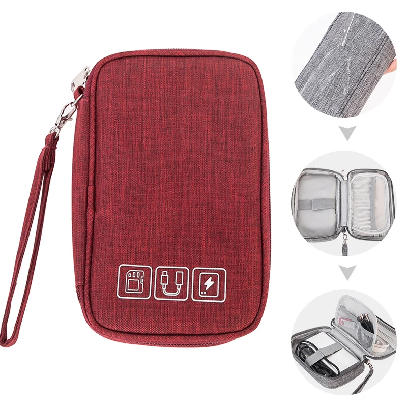 Men Travel Digital Cable Bag Portable Waterproof Electronic Accessories Wires Charger Power Bank Zipper Suitcase Case Organizer - Цвет: Wine Red