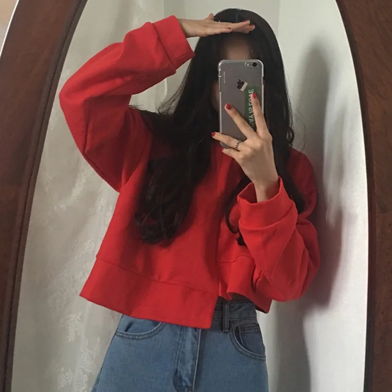 

Autumn and winter series solid color sweater female short section exposed navel thickened long-sleeved round neck loose autumn s