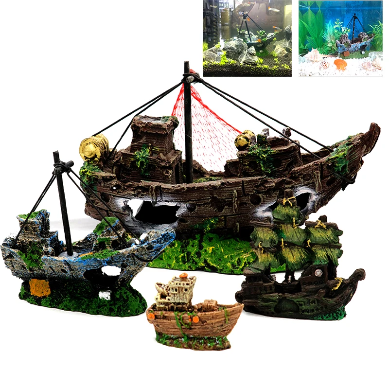 Aquarium Fish Tank Landscaping Shipwreck Pirate Ship Decoration Resin Boat Accessories