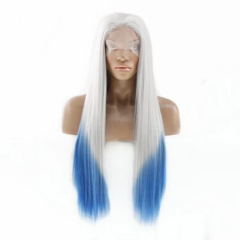 

Lace Front Wig Silky Straight Middle Part Ombre Blue Synthetic Cosplay Party Wig Lace Front Synthetic Long Wigs For Women