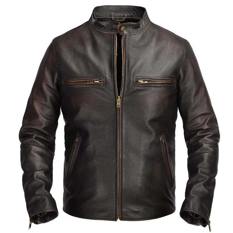 Винтажная коричневая Мужская облегающая Байкерская кожаная куртка большого размера 6XL из натуральной воловьей кожи американская мотоциклетная куртка - Цвет: Vintage Brown