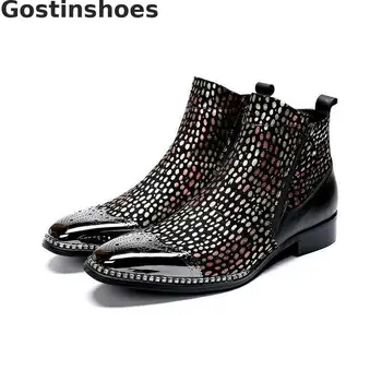 

Men Ankle Boots Genuine Leather Men Short Boots Colorful Polka Dots Decoration Metal Capped Toe Side Zipper