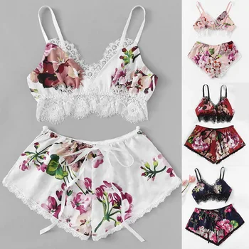 

Women's Sleepwear Nightwear Floral Printed Pajama Sets Lingerie Sexy Bra Set Sleeveless Strap Lace Bras Women Brief Sets Femme
