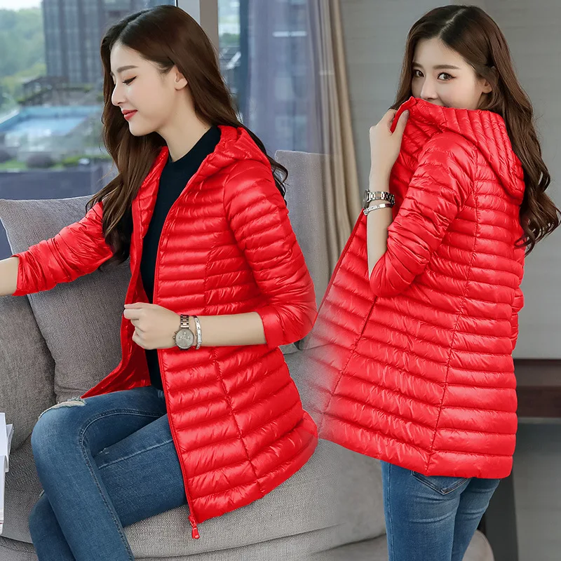 Winter Long Sleeve Thin Mid-length Slim Fit White Duck down Jacket Fashion Elegant Korean-style Cotton Overcoat