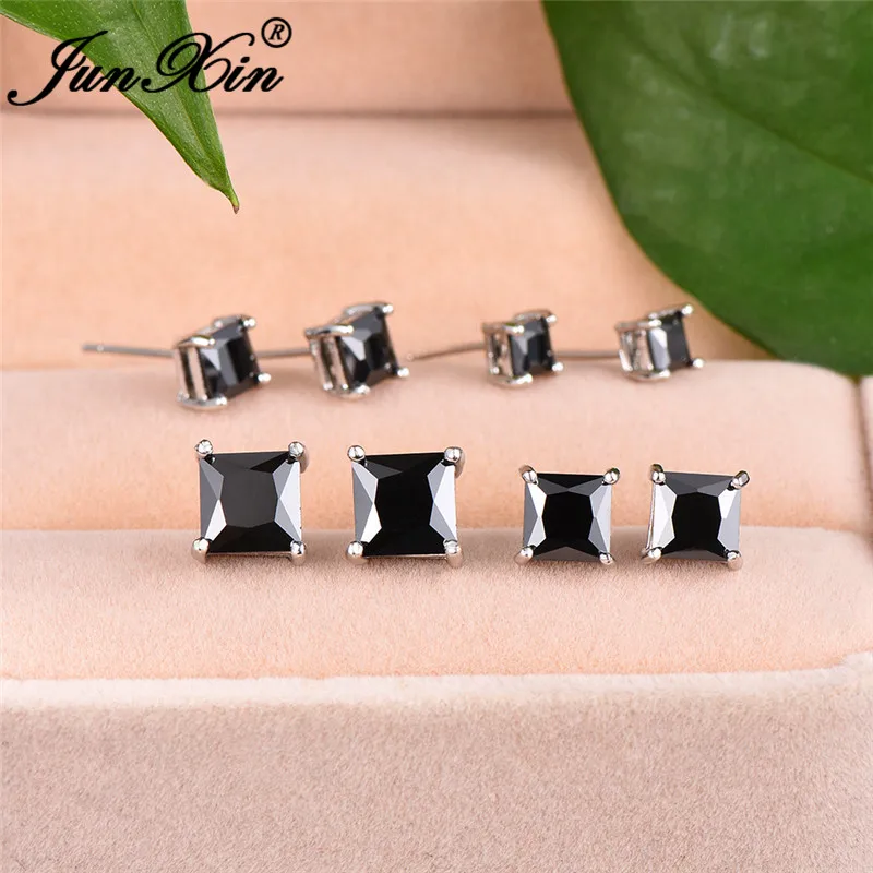 Vintage Mens Black Stone Square Earrings Simple Stacking Differ Sizes Zircon Crystal Wedding Stud Earrings For Men Women