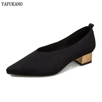 

Knitted Square Heel Shallow Mouth Fashion Womens Pumps Korean Pointed Toe Work Single Shoes Spring New High Heels Simple Pumps