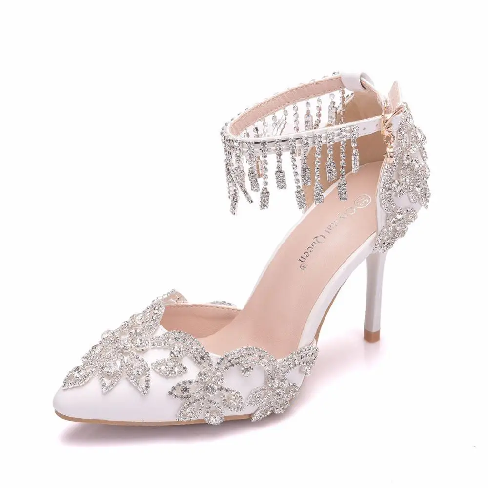 Женские белые туфли с кристаллами; браслет с кисточкой; свадебные туфли; обувь для невесты; босоножки на высоком каблуке; женские модельные туфли-лодочки - Цвет: Белый