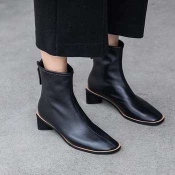 

Genuine Leather Ankle Boots Women Square Toe Booties Woman Fashion Shoes Female Thick Heels Zip Shoes Ladies Winter 2019