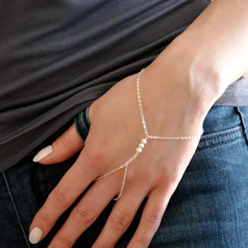 Fashion Chain Bracelet Drop Punk Silver Plated Women Metal Hand Pearl Harness Chain DIY Metal Slave Finger Ring Boho Jewelry
