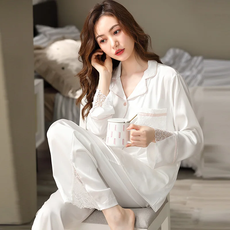 Women Ice Silk Pajamas Spring White Bedroom Sleepwear PJs Lace Edge Pijama Feminino Mujer Dormir Home Clothes Satin Pyjama Femme
