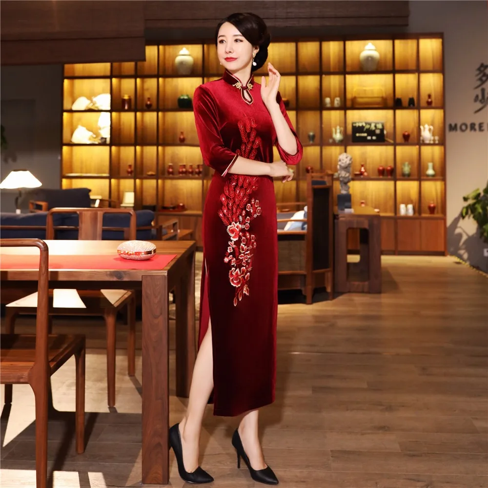 Шанхай история бархат Cheongsam китайское платье вышивка Qipao длинное