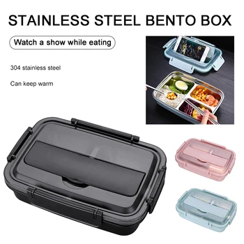 

High Quality 1000ml/33.8oz Leak-Proof,3/4-Compartment Lunch Box Stainless Container Bento Box Including Spoon And Chopsticks