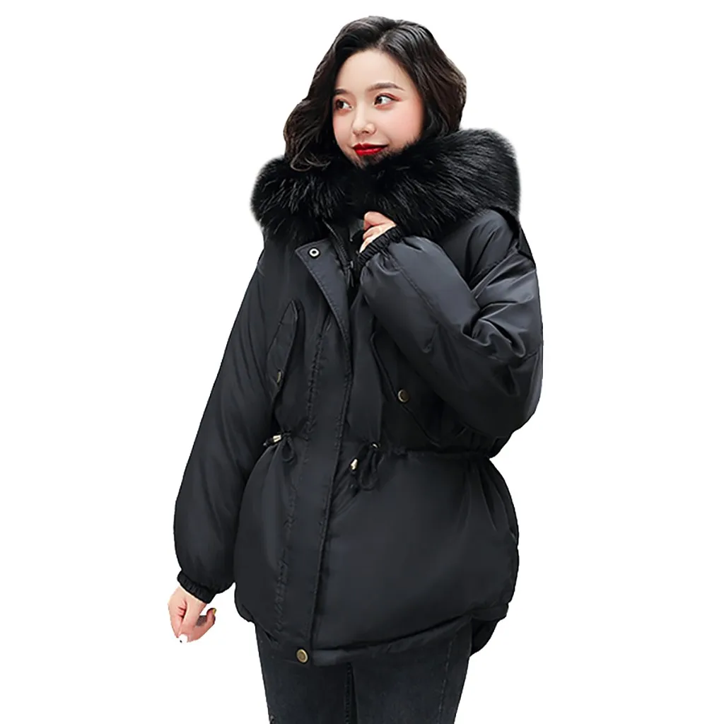 JAYCOSIN New Ladies Solid Fashion Fur Collar Hooded Jacket Pocket Zipper Long Loose Casual Jacket Cute Warm Autumn Winter Models