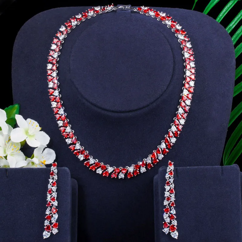 White and Red Heart Pera двойной 2 Ряд белый и красный сердце длинные висячие серьги и Pandent ожерелья наборы для женщин Свадебный костюм CZ Ювелирные изделия J299 - Окраска металла: White and Red Heart
