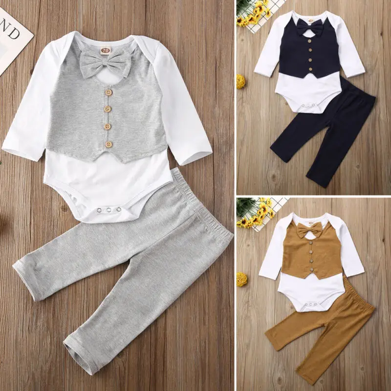 4pcs Newborn Boys Suits Spring Autumn Toddler Formal Suits Long Sleeve Bodysuits Vest Tops Pants Baby Boys Outfits Newborn Set