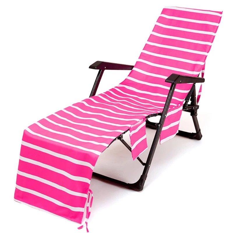 Striped Printed Chaise Lounge Chair Cover Beach Bath Towel with Side Pockets for Outdoor Patio Lawn Sun Lounger Holiday