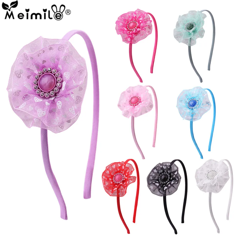 

Solid color acrylic drill belt with ladies beaded flower mesh yarn headband princess headband girl children hair accessories