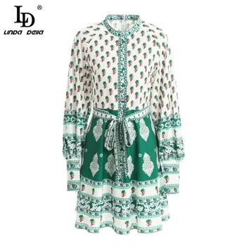 

LD LINDA DELLA Fashion Runway Summer Dress National Style Women Single-reasted Bubble Sleeves Lotus leaf print Elegant Mini Dres