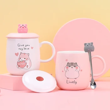 

Ceramics Cute hamster Mugs with lid spoon 400ml,Kids Breakfast Milk Cartoon Cups Office Afternoon Tea Coffee Mug