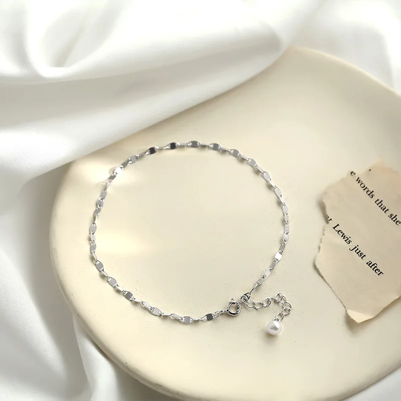 

925 Sterling Pearl Chain Anklet Simple Cool Non-mainstream Elegant Students Women's Ankle Ring-Korean-style