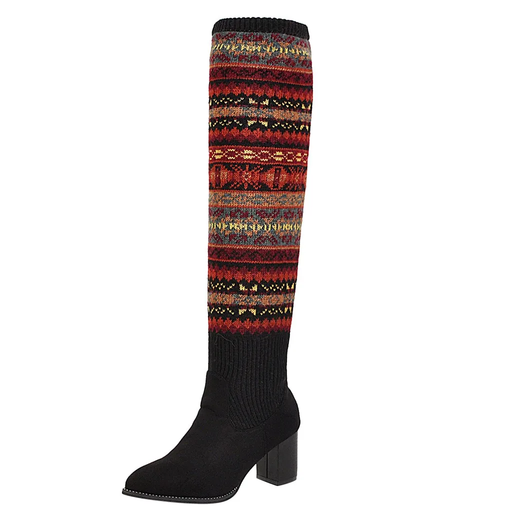 Ladies Outdoor Multicolor Pattern Autumn Winter Boots Women Warm High Heels Cool Retro Slip On Kneeth Sexy Snow Boots Shoes - Цвет: Black