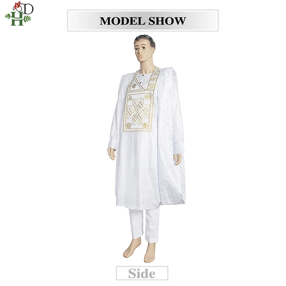 african fashion designers H&D African Bazin Riche Outfits Ankara Dashiki Men Agbada Traditional Boubou Shirt Pants 3 PCS Set Wedding Party Clothes african attire