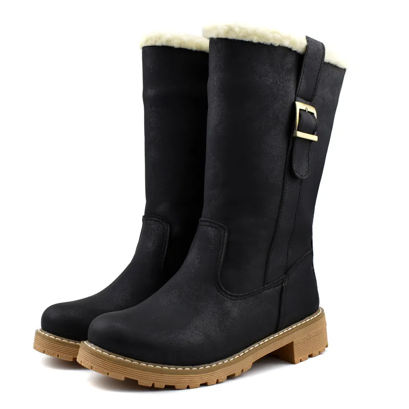 Odetina Women Round Toe Slip On Keep Warm Block Low Heel Mid Calf Boots Lady Buckle Strap Platform Thick Fur Winter Snow Boot