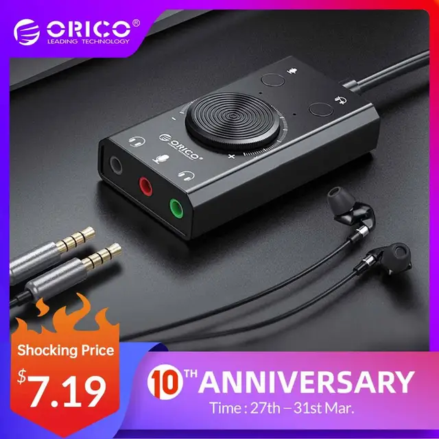 US $7.19 ORICO Portable USB External Sound Card Microphone Earphone Two-in-One With 3-Port Output Volume Adj