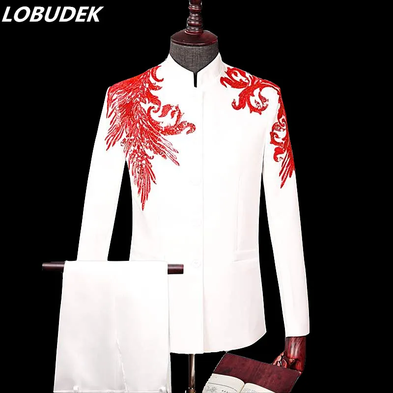 (Jacket+Pants) Chinese Style Men's Suits Sequins Embroidery Blazers Stand Collar Tuxedo Dress Singer Host Stage Costume 2 Pieces