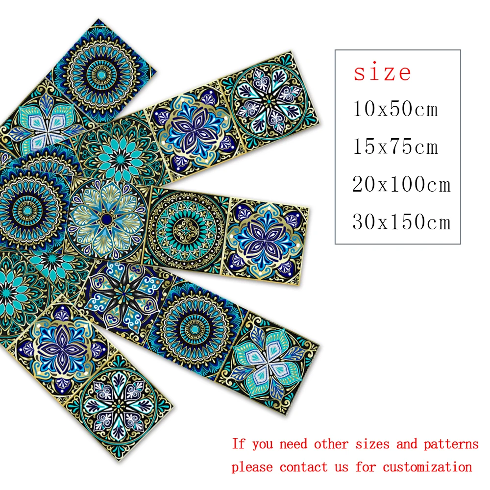 Dreamlike Blue Mandala Style Strips Tiles Wall Sticker Transfers Covers for Kitchen Bathroom Waterproof Peel & Stick Art Mural